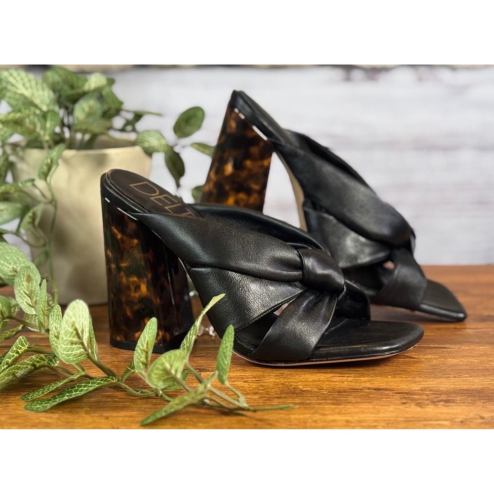 Deltan Black Leather Knotted Square Toe‎ Mules Tortoiseshell Block Heel 5.5M